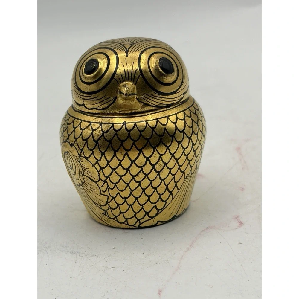 Vintage Burma Owl Trinket Box Gold Tone Resin‎ Plastic Lidded Box 2.5